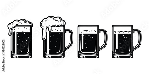 Four vintage beer mugs illustration black and white sketch