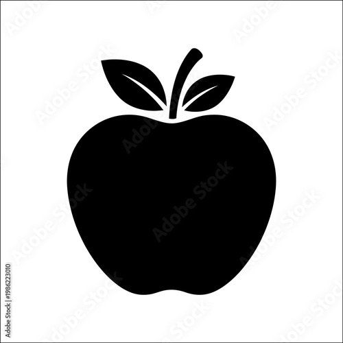 A black silhouette of an apple with leaves against a white background, creating a striking and modern visual representation of a healthy food symbol.