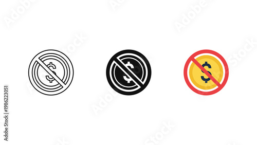 A dollar sign coin with a prohibitory slash icon indicating no cost or free of charge.