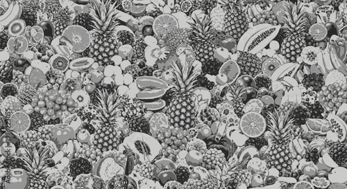 Monochrome Fruit Pattern Background with Pineapple and Berries