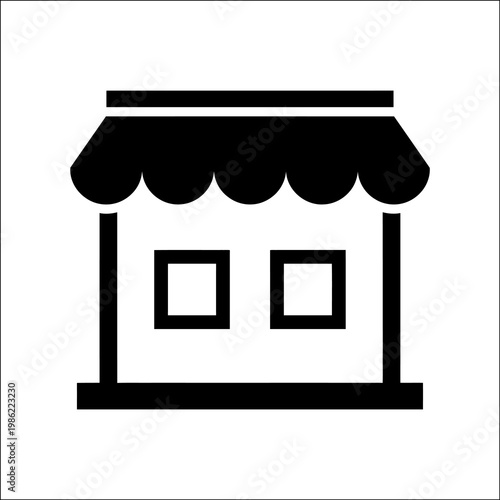 A minimalist black silhouette of a storefront with an awning, set against a clean white background, showcasing a simple yet effective design.