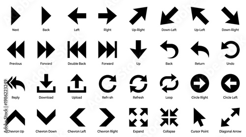 Black vector set of arrow icons featuring web design elements like play buttons and direction symbols for internet website navigation