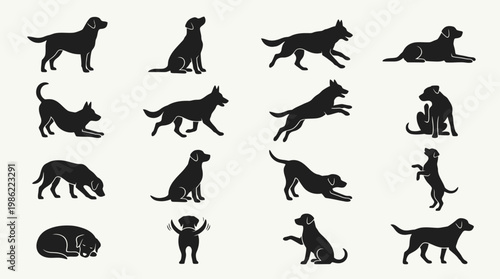 A comprehensive collection of black vector silhouettes featuring a diverse set of dogs and wild animals like bears and tigers in a minimalist outline design