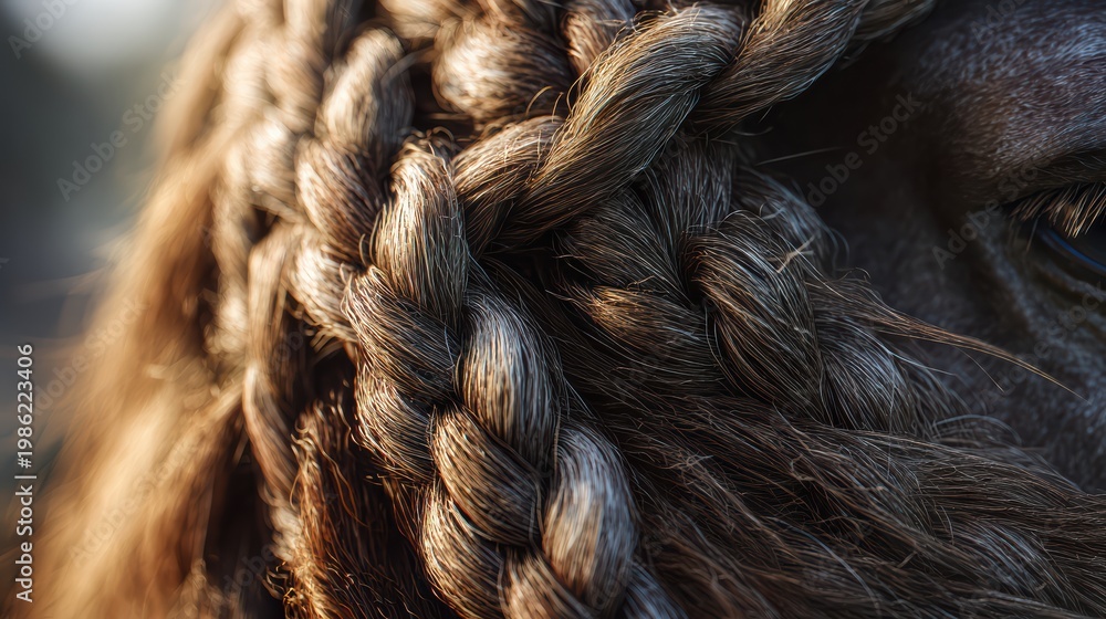Fototapeta premium Close-up of braided mane detail, sunlight highlighting texture, ultra-realistic macro feel, 8k