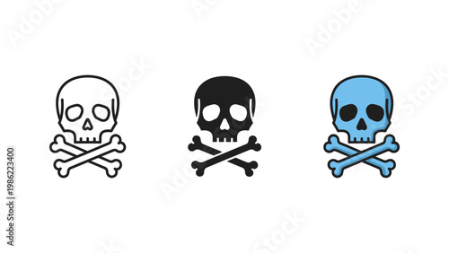 A danger sign depicting a skull and crossbones in three different styles on a white background.