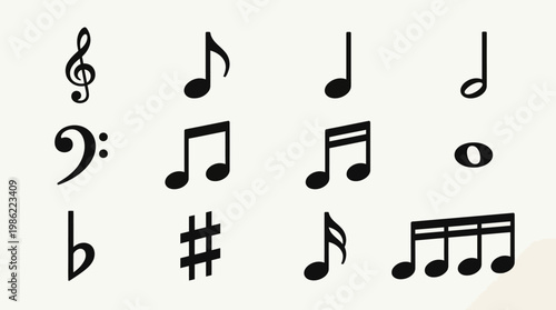 Abstract musical background featuring a 3d vector collection of black music note symbols and clef signs set in a creative melody pattern design