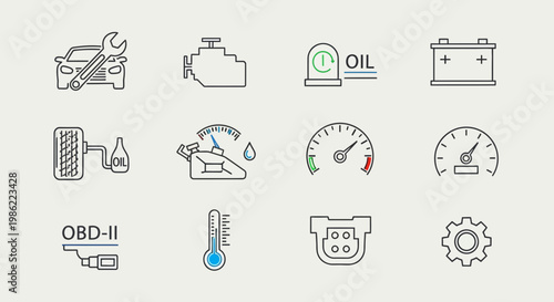 Set of Automotive Repair and Vehicle Maintenance Line Icons