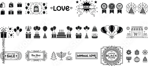 Black and white holiday and love-themed symbolic collection