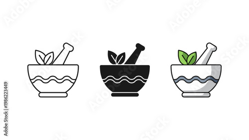 A mortar and pestle preparing herbal medicine, shown in outline, solid, and colored icon styles.