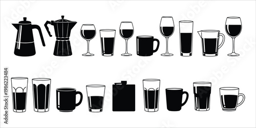 Black and white collection of coffee makers glasses and mugs