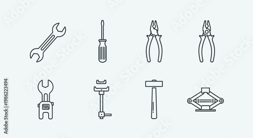 Set of Automotive Repair and Construction Tools Outline Icons