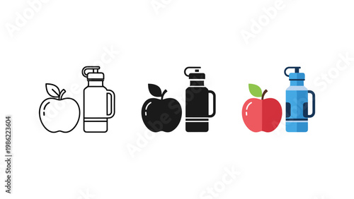 A healthy lifestyle graphic showing a fresh apple next to a reusable water bottle in three distinct styles.