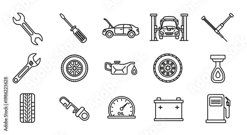 Set of Automotive Repair and Car Maintenance Line Icons