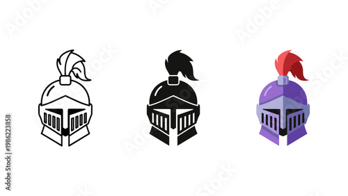 A medieval knight's helmet featuring a distinctive plume, presented in various illustrative styles.