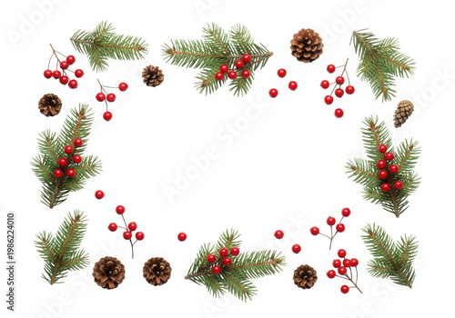 Christmas wreath frame with pine branches, pine cones, and red berries isolated on transparent background for holiday decoration and design