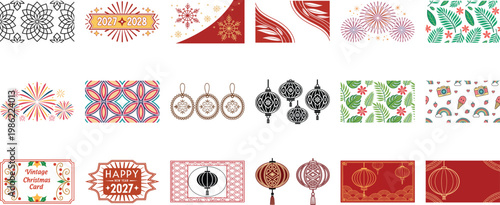 Festive holiday patterns: holiday labels with radiant starburst, geometric, and ornamental in