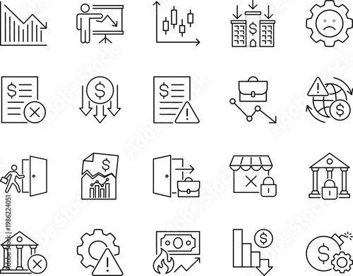 Financial Crisis Business Bankruptcy Recession Risk Icons Set