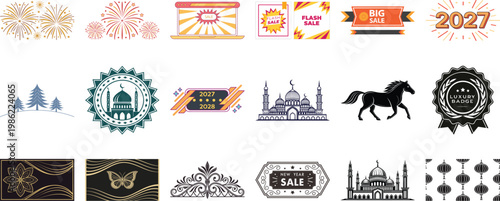 Festive year badges, religious architectural symbols, and sale signs with decorative patterns