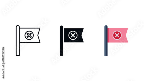 A flag with a clear 'X' mark indicating cancellation or error is displayed in three different design renditions.