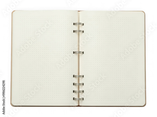 Open notebook with blank dotted pages and metal rings on transparent background
