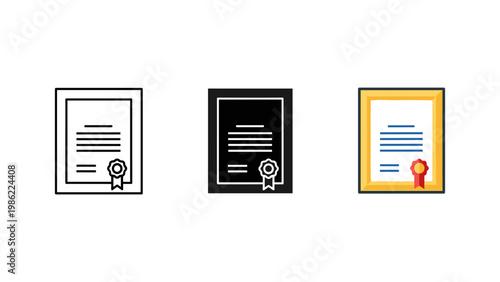 A formal document representing a certificate or diploma with a ribbon seal is presented in three distinct styles.