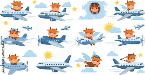 Cute cartoon baby cow pilot flying airplane in sky with clouds stars and sun kids vector set