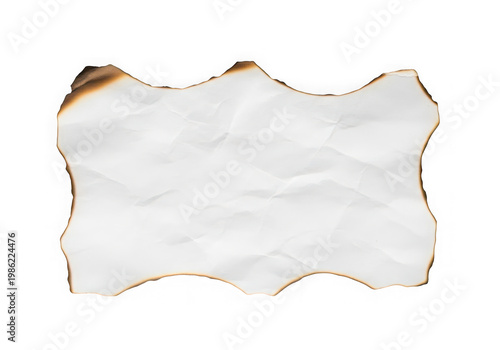Burnt white paper with crumpled texture and charred edges isolated on transparent background