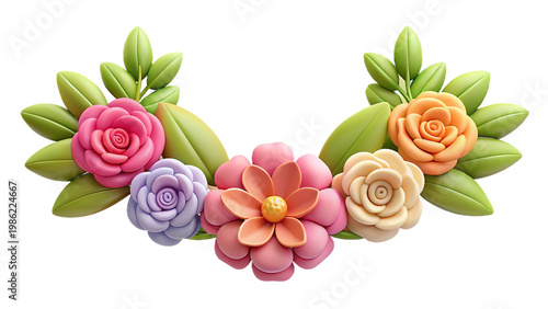 Colorful floral garland with blooming pastel roses and leaves isolated on a transparent background