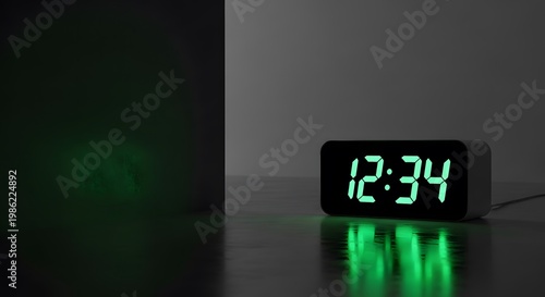 Fototapeta kuchenna A digital clock with green illuminated digits displaying 1234 on a dark reflective surface