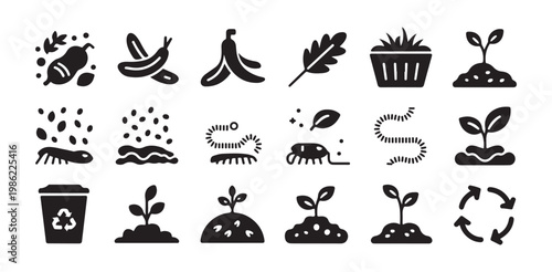 Composting and organic waste management icons for sustainable living and eco friendly practices