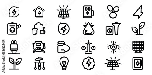 Various eco friendly and renewable energy icons including solar panel and leaf