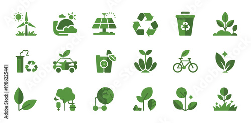 Green energy and eco friendly technology icons for sustainable environment and clean planet