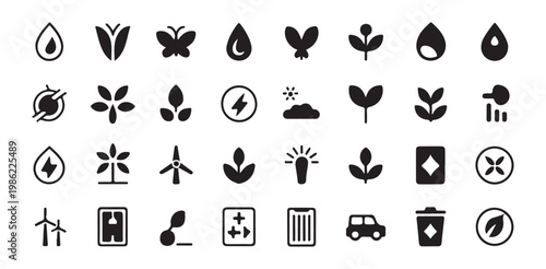 Nature and environment icons for ecology conservation renewable energy and healthy planet