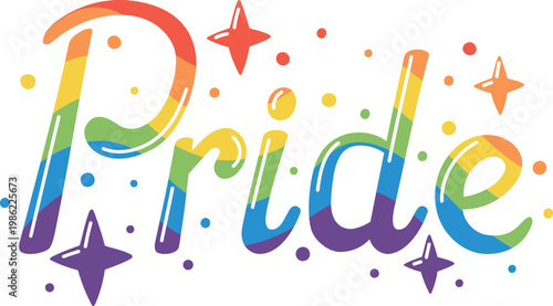 Pride word with rainbow striped texture and colorful stars. Rainbow lettering for banner or card