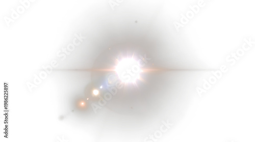 Realistic lens flare with intense bright light, glowing halo and radiant beams, abstract optical effect on dark background for cinematic visuals, photo overlays and modern digital compositions png