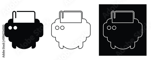 Set of black and white printer icons in different styles and backgrounds
