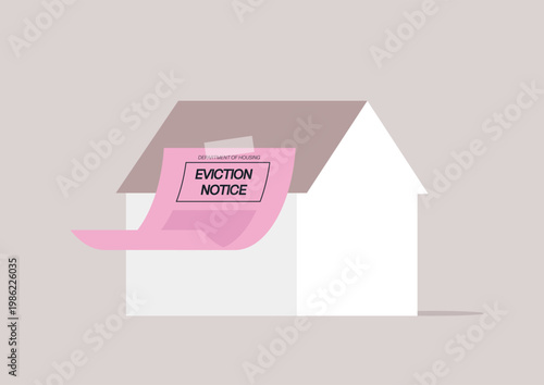 A building with a bright pink eviction notice prominently displayed, It signals the beginning of the eviction process, highlighting distress and transition for those involved.