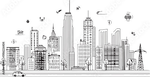 Skyline illustration featuring iconic city buildings and transportation elements Vector, illustration
