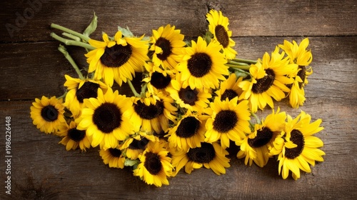 sunflowers. Sunflowers arranged on a rustic wooden surface, vibrant yellow petals with dark centers in soft light. event programs.
