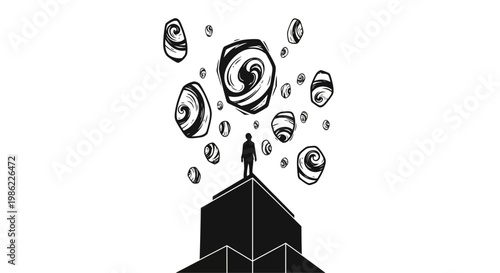 a black and white illustration of a building with swirling shapes.