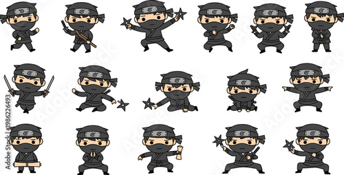 Cute chibi ninja cartoon character set with katana sword and shuriken stars collection of flat vector illustrations for kids gaming stickers martial arts education and japanese warrior theme design is