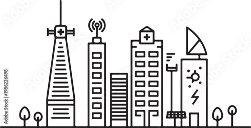 Modern cityscape illustrating various communication and energy infrastructure icons Vector, illustration