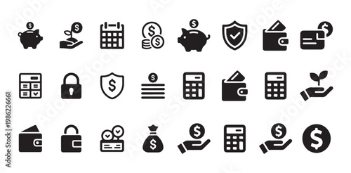 Investment and savings concept solid icons collection including piggy bank wallets calculator