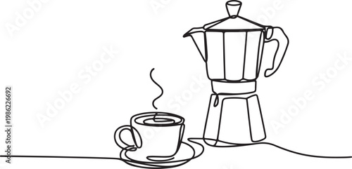 Minimalist single line drawing of a steaming cup of coffee and a moka pot on a saucer, perfect for cafe or beverage-related content