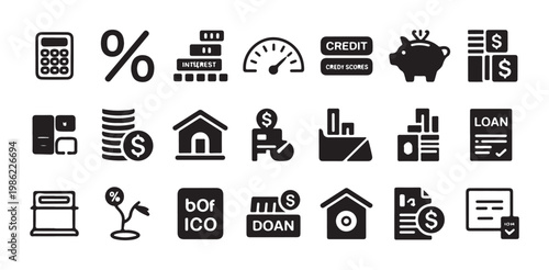 Financial banking and loan management glyph icons set including calculator credit money and piggy bank