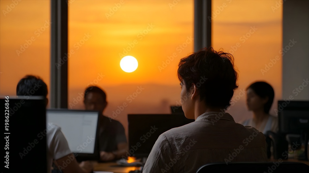 Fototapeta premium Colleagues working in a modern office as the warm glow of the sunset streams through large