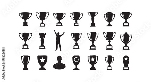 Achievement icons collection showing various golden trophy cups and championship awards in flat black silhouette vector set.