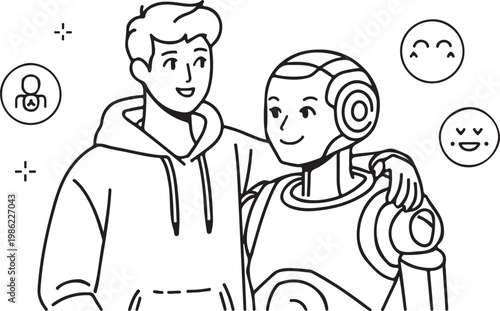 A friendly human and humanoid robot standing together with smiling emoji icons floating nearby Vector, illustration