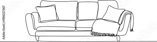 A minimalist, single-line drawing depicting a comfortable sofa with throw pillows and a blanket, perfect for modern home decor and interior design concepts