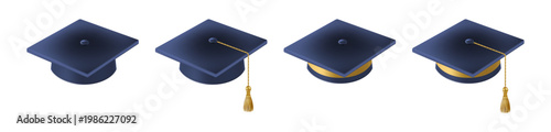 Realistic Blue graduate caps set. 3D Graduation Doctoral hat.